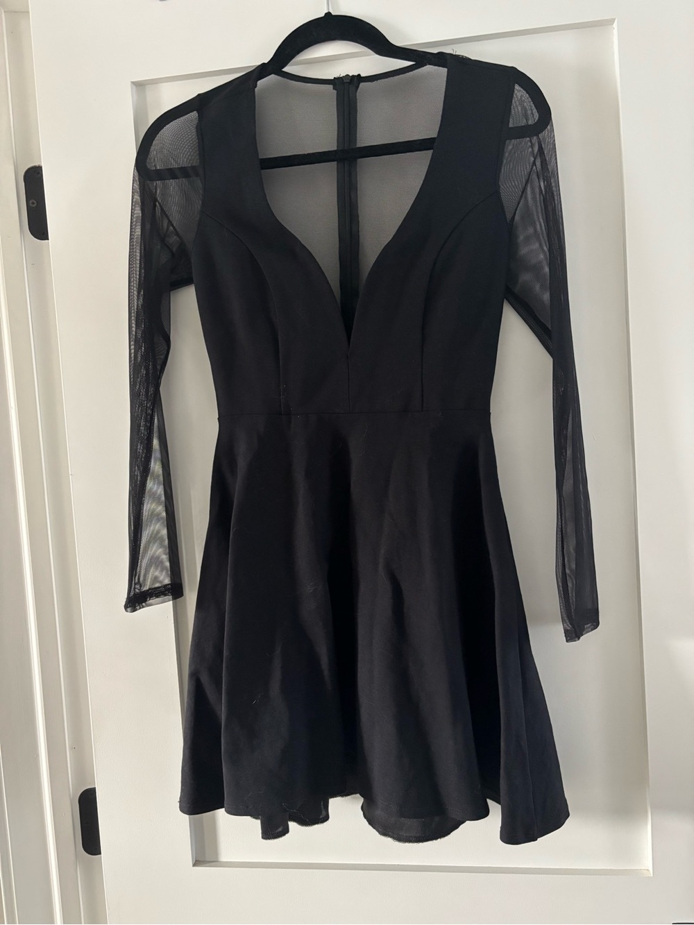 Women's Black Mesh Sleeve Fit & Flare Dress